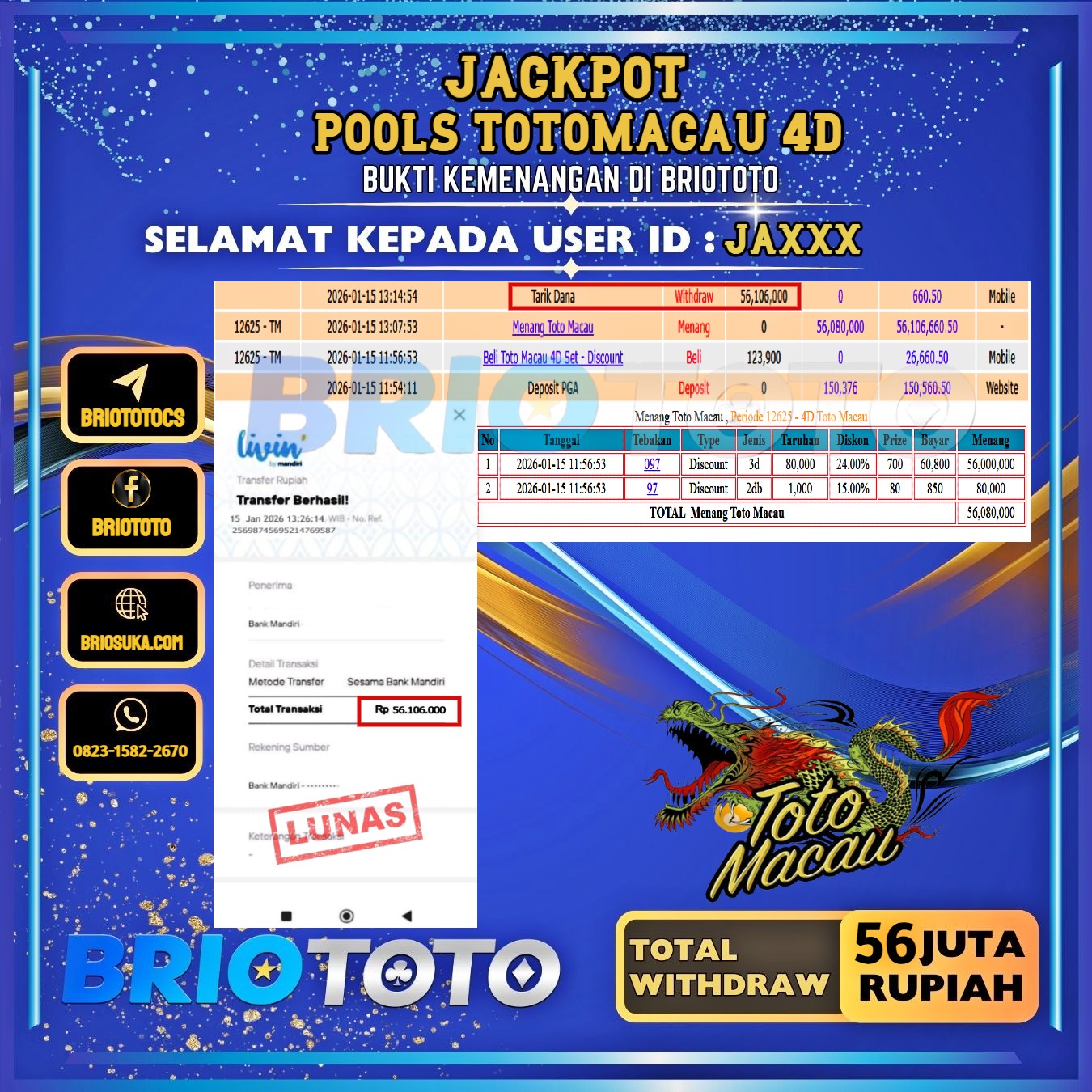 BRIOTOTO JACKPOT TOGEL TOTOMACAU 4D RP.56.000.000,- LUNAS USER ID : JA****