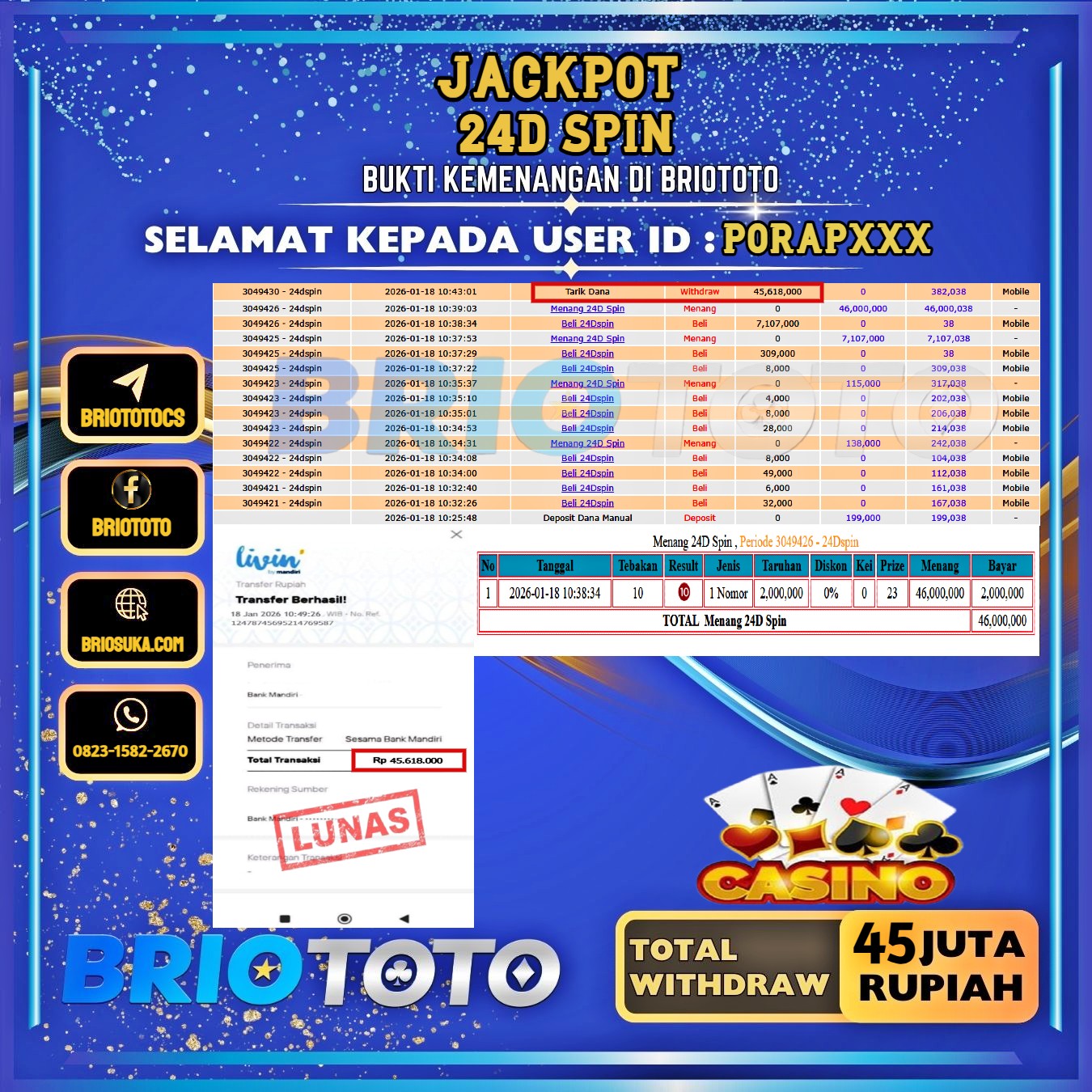 BRIOTOTO JACKPOT LIVE GAME 24D SPIN RP.45.000.000,- LUNAS USER ID : PORAP****