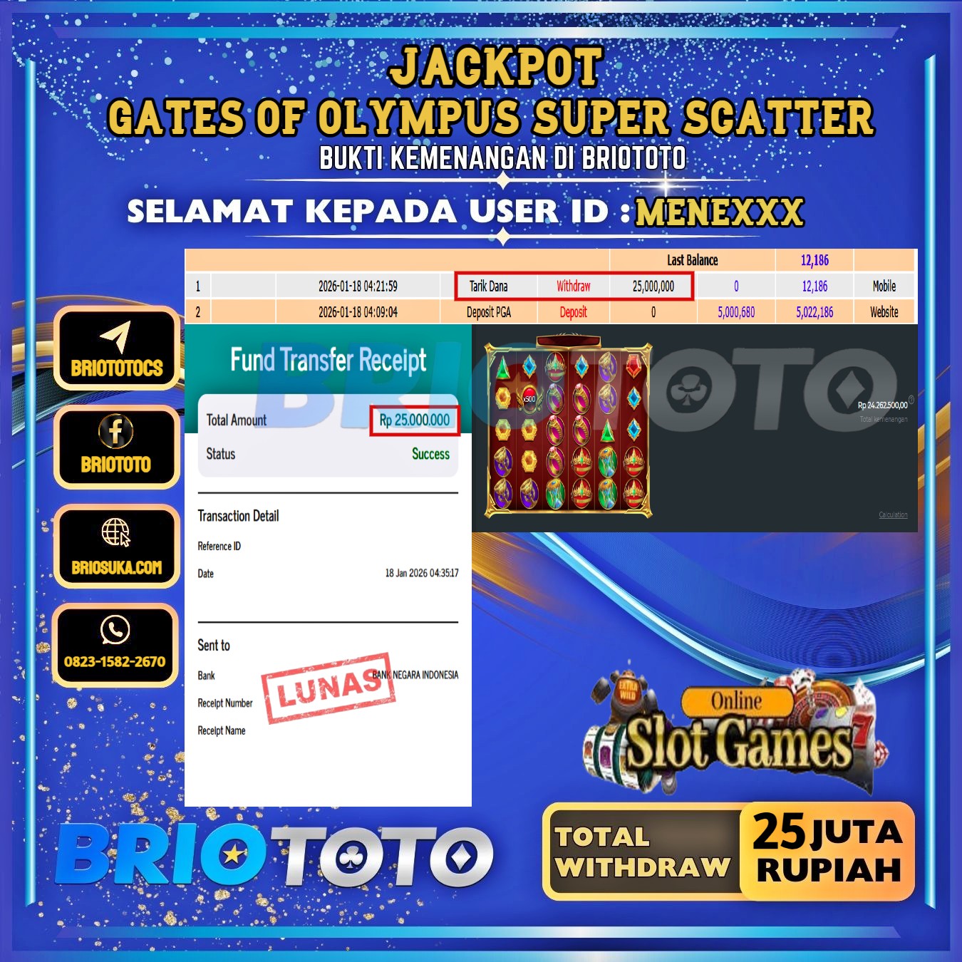 BRIOTOTO JACKPOT SLOT GATES OF OLYMPUS SUPER SCATTER RP.25.000.000,- LUNAS USER ID : MENE****