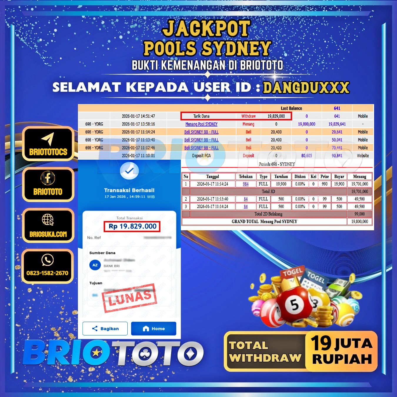 BRIOTOTO JACKPOT TOGEL SYDNEY RP.19.000.000,- LUNAS USER ID : DANGDU****